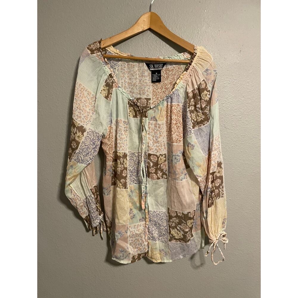 Vintage SK Wear Womens Tunic Medium Petite Patchwork Floral Sheer Peasant Boho